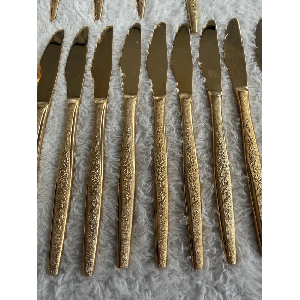 Golden Bouquet 24 kt Gold Electroplate 24 Pieces Flatware & Serving 1980’s - Picture 10 of 16